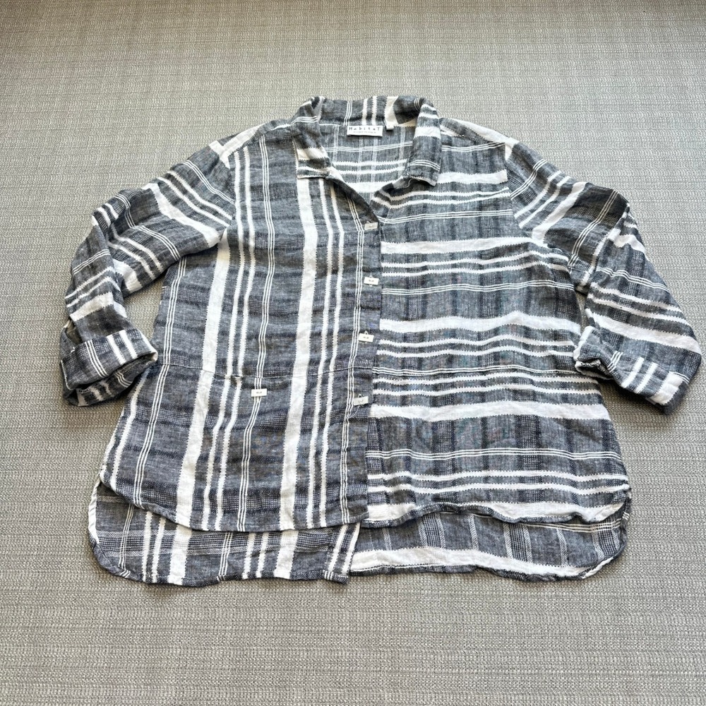 Habitat‎ Clothes To Live In Top Small Coastal Striped Button Down 100% Linen